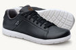 Black low-top leather sneakers with white rubber soles and black laces, casual style.