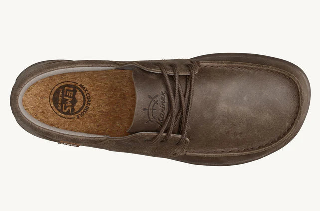 Brown leather casual lace-up shoe with rounded toe and cushioned insole embossed with Lems logo.