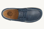Navy blue leather Lems Mariner Pacific casual slip-on shoe with white stitching and brown insole.