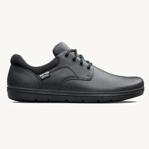 Black minimalist casual leather shoe with lace-up closure and rubber sole.