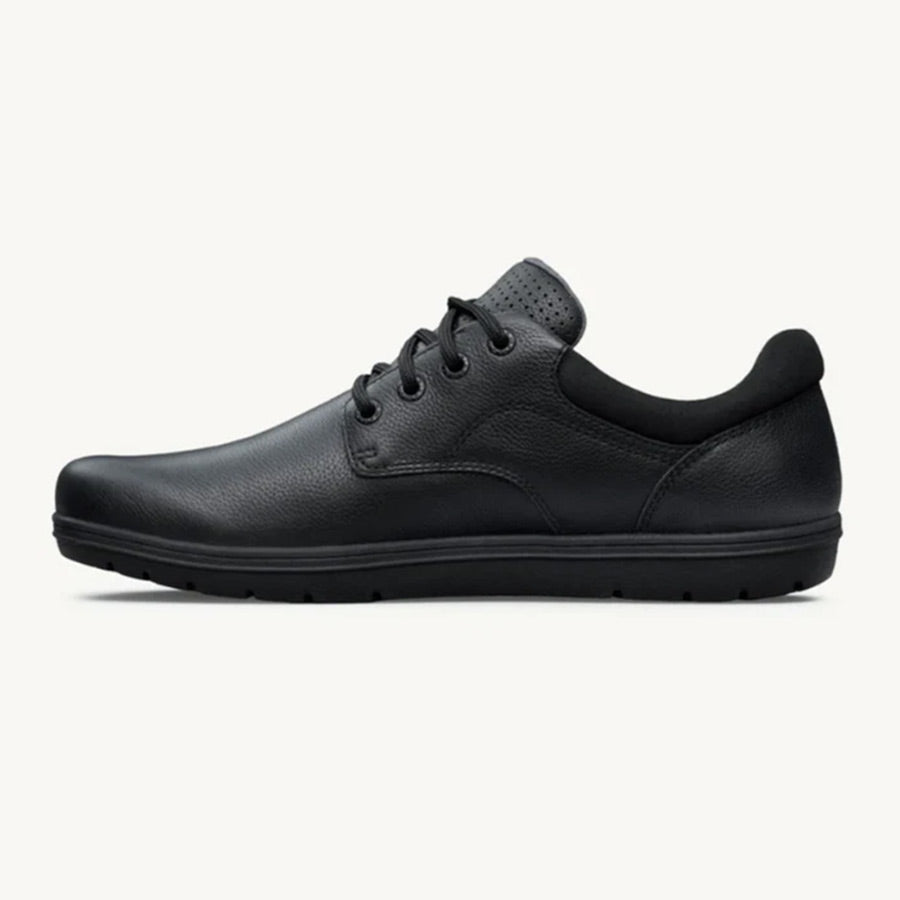 Black leather casual lace-up shoe with low profile sole and padded collar.