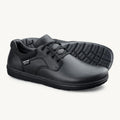 Black leather casual lace-up shoes with textured rubber sole and padded collar.