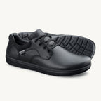 Black leather casual lace-up shoes with textured rubber sole and padded collar.