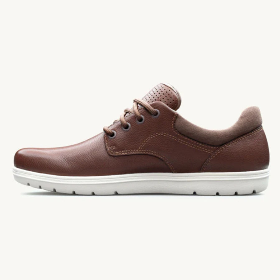 Brown leather casual lace-up shoe with cream rubber sole and padded collar.