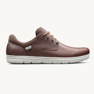 Brown leather casual lace-up shoe with cream outsole and cushioned collar.