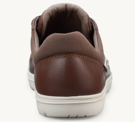 Brown leather casual sneaker with padded collar and white sole, Lems Nine2Five V2 style.