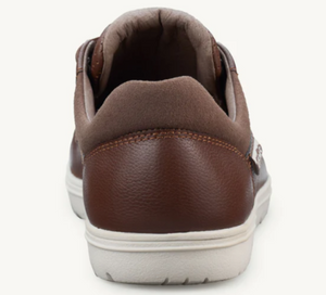 Brown leather casual sneaker with padded collar and white sole, Lems Nine2Five V2 style.