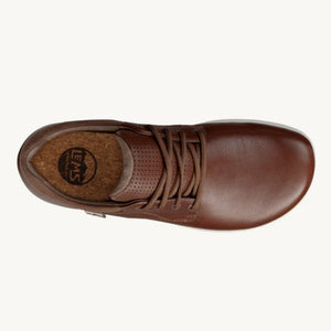 Brown leather casual lace-up shoe with round toe and cushioned insole branded Lems.