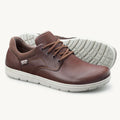 Brown leather casual lace-up shoes with perforated tongue and white rubber sole.