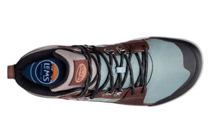 Men’s Lems Outlander waterproof boot in iceberg blue and brown with black toe cap and lace-up front.
