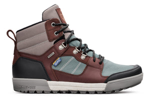 Lems Outlander mid-height waterproof boot in iceberg blue and brown with gray sole and black heel panel.