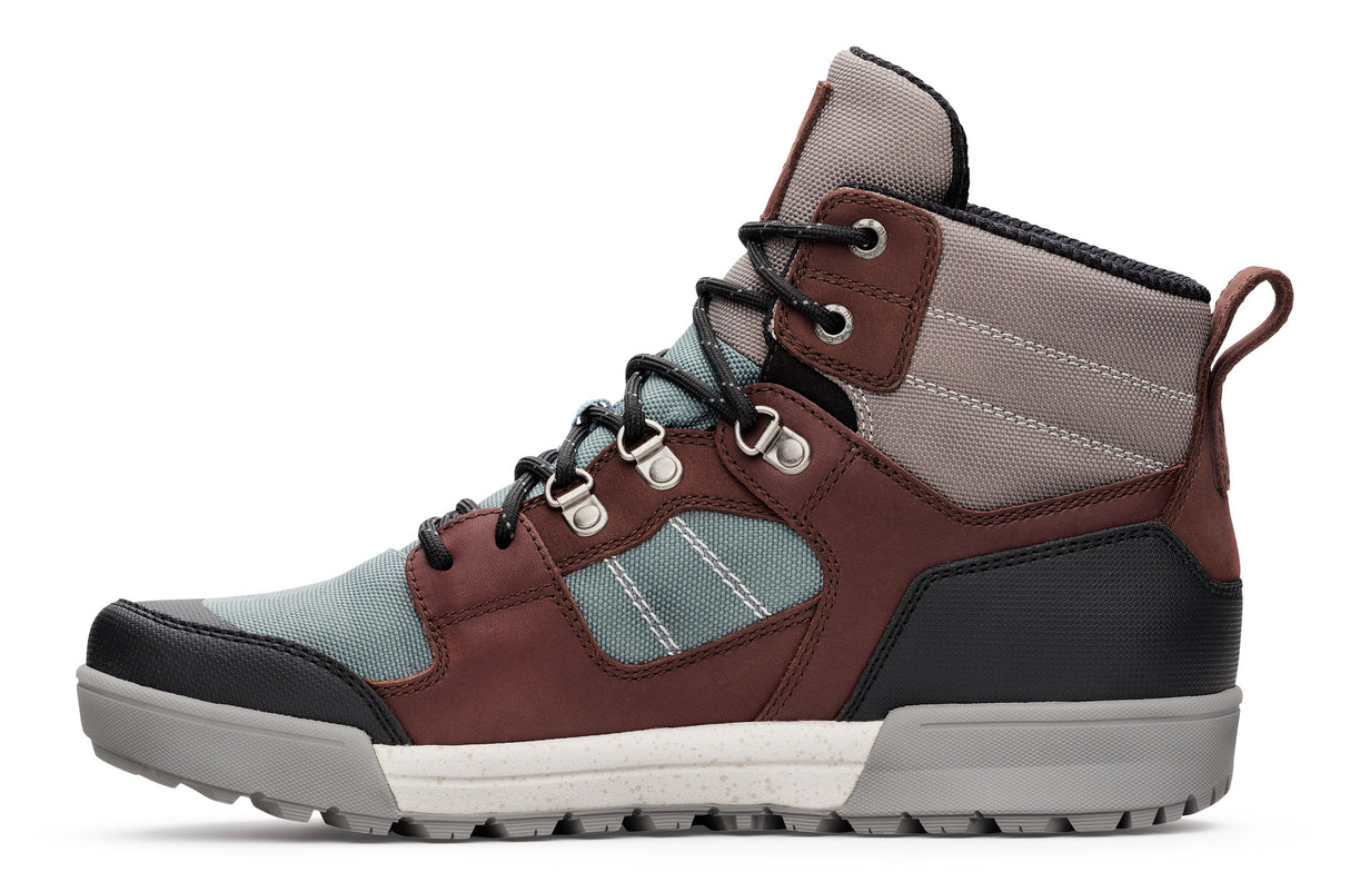 Lems Outlander waterproof boot in iceberg color with gray and brown panels, black toe cap, padded ankle, and rugged sole.