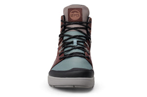 Lems Outlander waterproof boot in iceberg blue with brown accents, black laces, and rubber toe cap, front view.