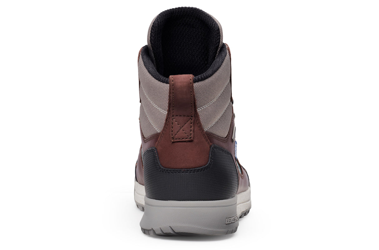 Back view of Lems Outlander Waterproof Boot in Iceberg with brown and gray panels, black padded collar, and white sole.