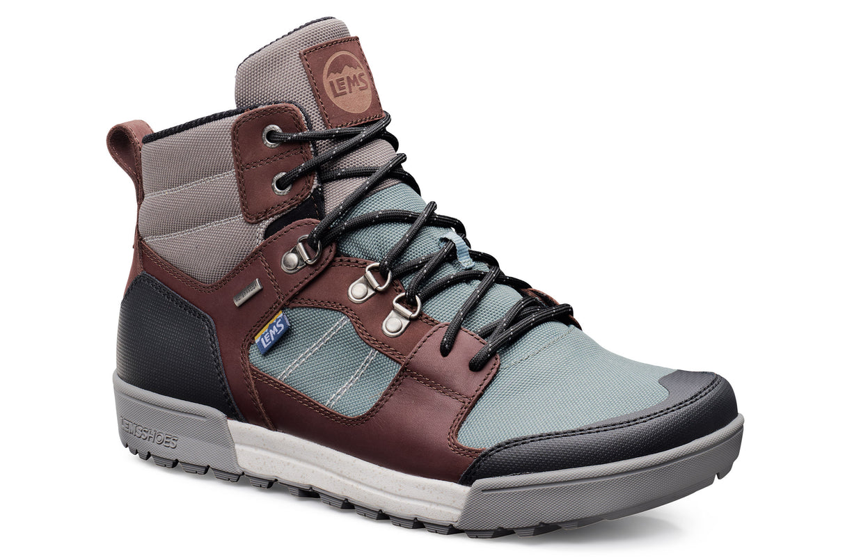 Lems Outlander waterproof boot in iceberg color with brown and gray panels, black laces, and a rubber sole.