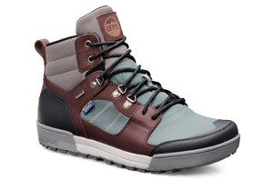 Lems Outlander waterproof boot in iceberg color with brown and gray panels, black laces, and a rubber sole.