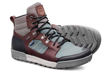 Men's Lems Outlander waterproof boot in iceberg blue and brown with black accents and rugged outsole.