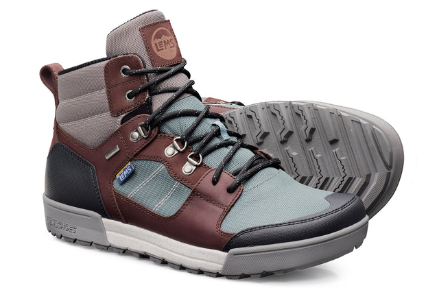 Men's Lems Outlander waterproof boot in iceberg blue and brown with black accents and rugged outsole.