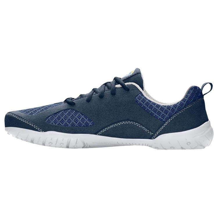 Navy blue athletic casual shoe with white sole, mesh side panels, and lace-up closure.