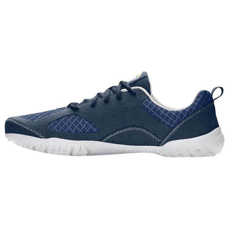 Navy blue athletic casual shoe with white sole, mesh side panels, and lace-up closure.