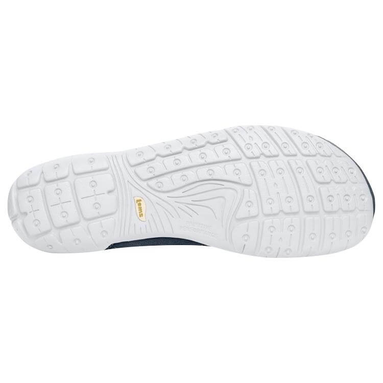 White rubber sole with textured grip pattern and small yellow Vibram logo near arch.