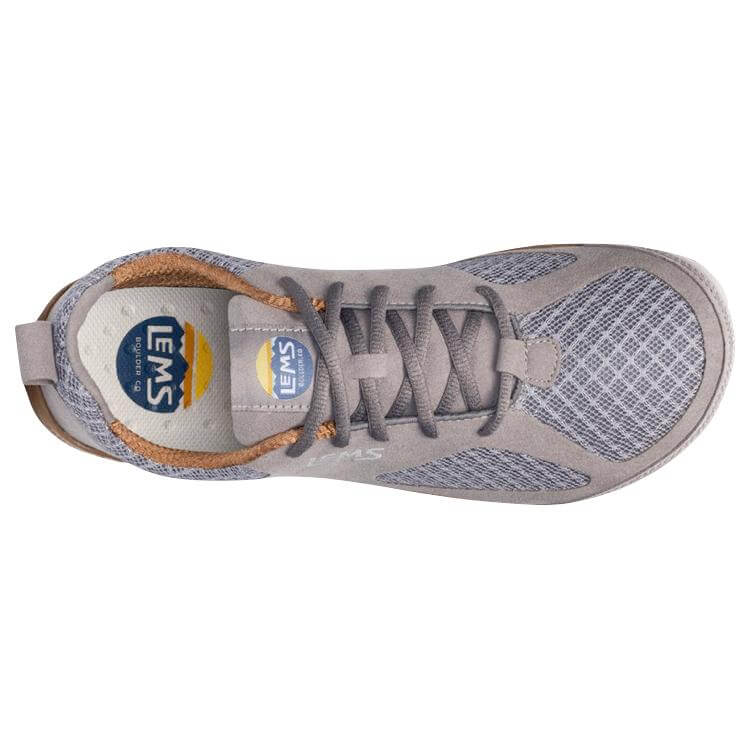 Slate gray athletic shoe with mesh upper, gray laces, and cushioned collar labeled Lems.