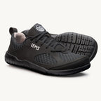 Black athletic sneaker with knit upper, Lems logo on side, and flexible rubber sole.