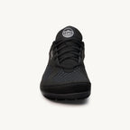 Black Lems Primal 3 athletic shoe with knit upper and round toe, viewed from front.