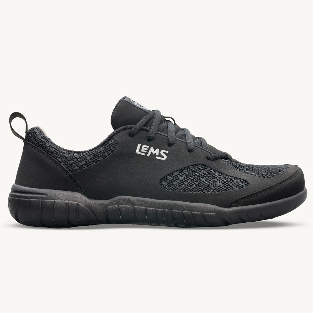 Black breathable mesh athletic shoe with thick cushioned sole and LEMS logo on side.