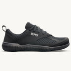 Black breathable mesh athletic shoe with thick cushioned sole and LEMS logo on side.