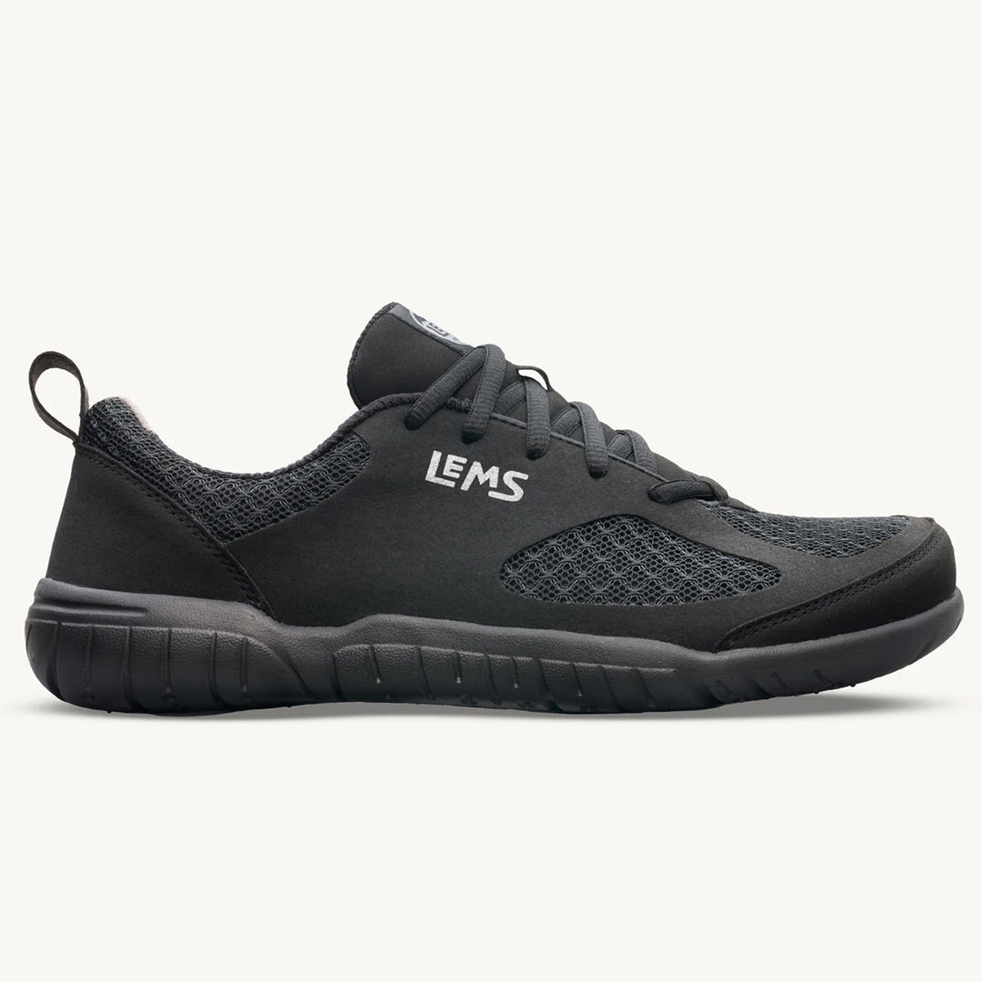 Black breathable mesh athletic shoe with thick cushioned sole and LEMS logo on side.
