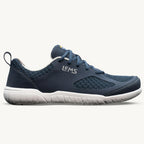 Navy blue Lems Primal 3 athletic shoe with breathable mesh upper and white flexible sole.