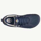 Navy blue athletic shoe with breathable mesh upper and padded collar, Lems logo on insole.