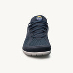 Navy mesh sneaker with black laces and white sole, rounded toe athletic casual style.