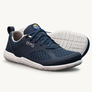 Navy blue Lems Primal 3 athletic casual shoe with breathable mesh, white sole, and Lems logo on side and tongue.
