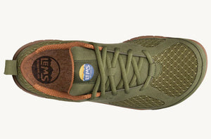 Olive green lightweight sneaker with breathable mesh upper and cushioned collar.