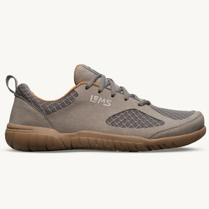 Slate gray athletic casual shoe with mesh panels and brown flexible sole by Lems.