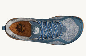 Blue and gray knit lightweight athletic shoe with brown accents and white cushioned sole.