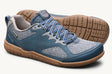 Blue and gray low-top athletic shoe with tan sole and light blue laces.