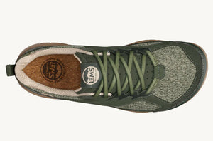 Green lace-up athletic shoe with textured knit upper and cushioned tan interior lining.