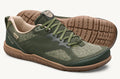 Green and beige low-top athletic shoe with gum sole and lace-up design.