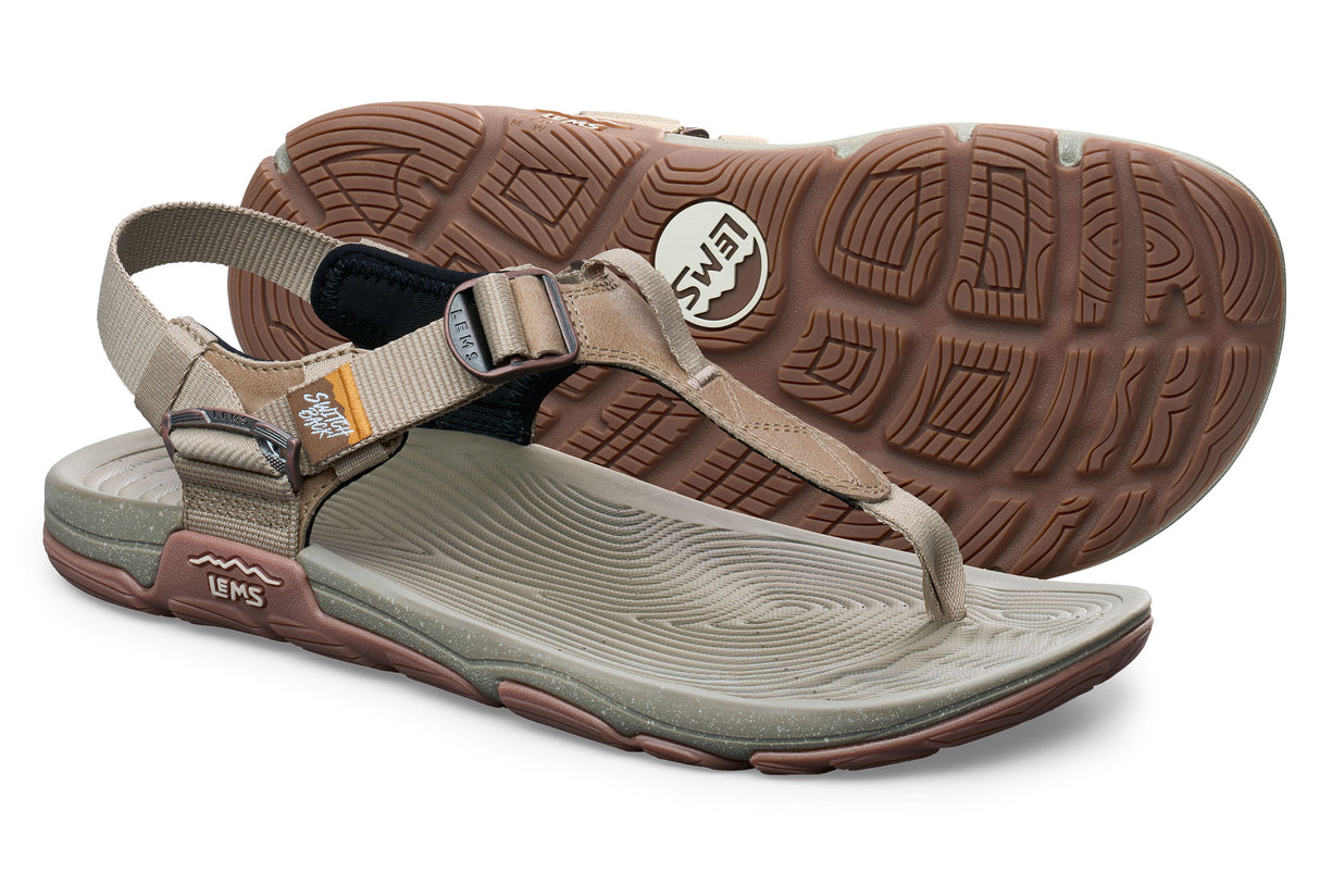Lems Switchback Mojave casual sandal with adjustable straps and textured rubber sole in earth tones.