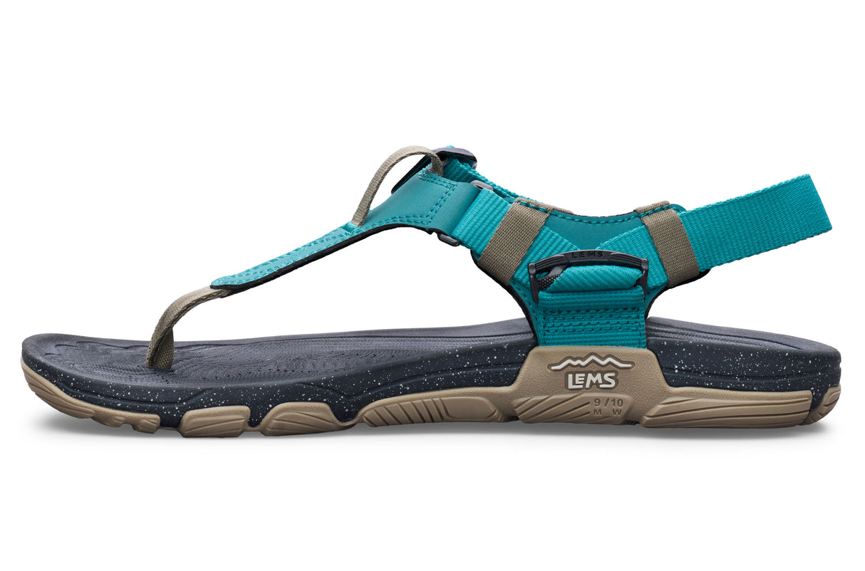 Teal and gray Lems Switchback casual sandal with adjustable straps and cushioned sole.
