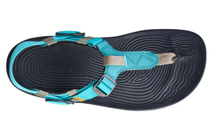 Black sole sandal with textured footbed and bright turquoise adjustable straps.