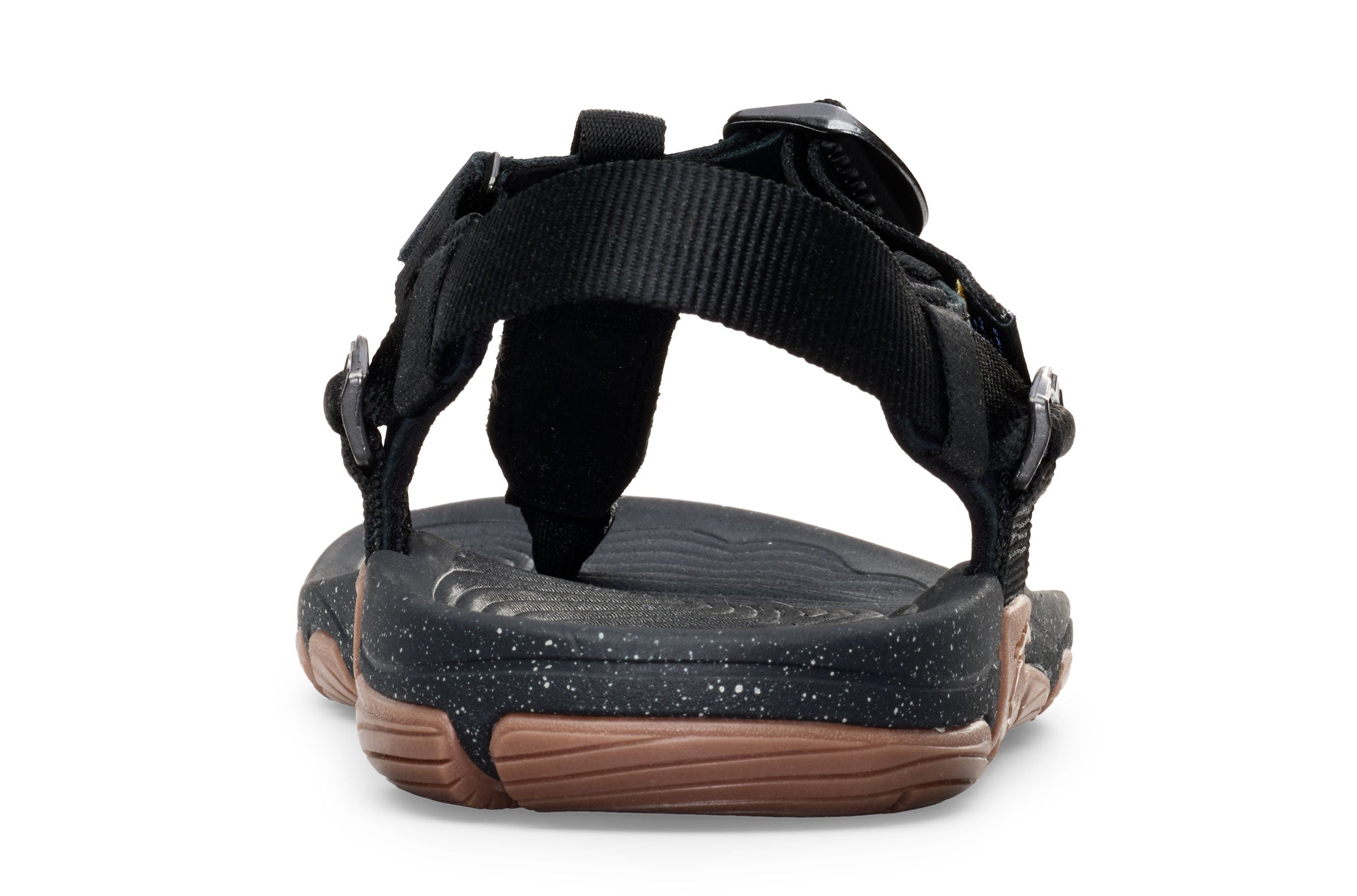 Black adjustable strap sandals with speckled footbed and brown textured sole.