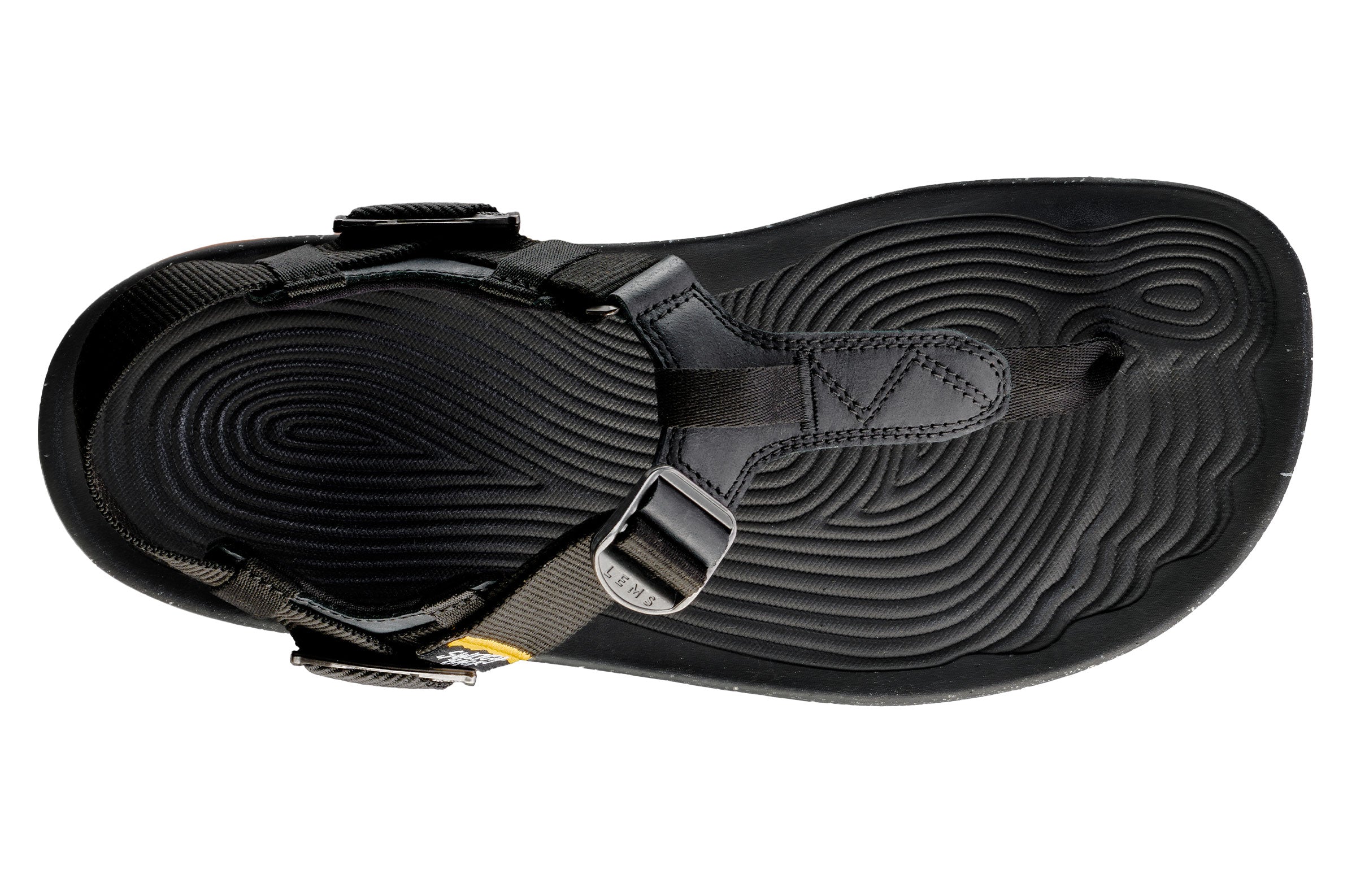 Black Lems Switchback Scorpion sandal with adjustable straps and textured footbed.