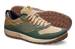 Juniper green and beige casual sneaker with mesh and suede panels, tan laces, and textured rubber sole.