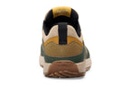 Juniper green and tan casual sneaker with black accents and thick beige sole, rear view.