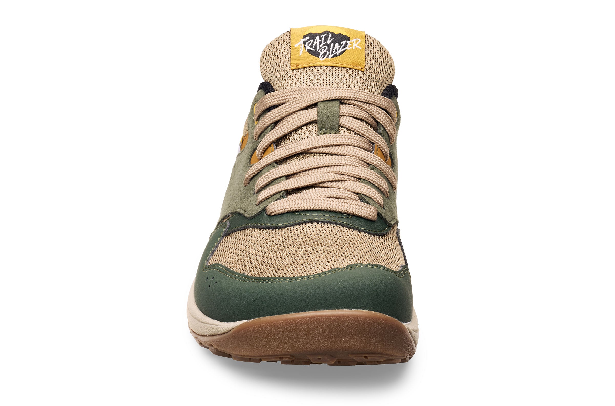 Green and beige Lems Trail Blazer Juniper casual sneaker with tan laces and gum sole, front view.