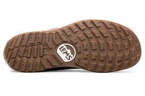 Brown rubber outsole with deep square treads and white Lems logo in center.